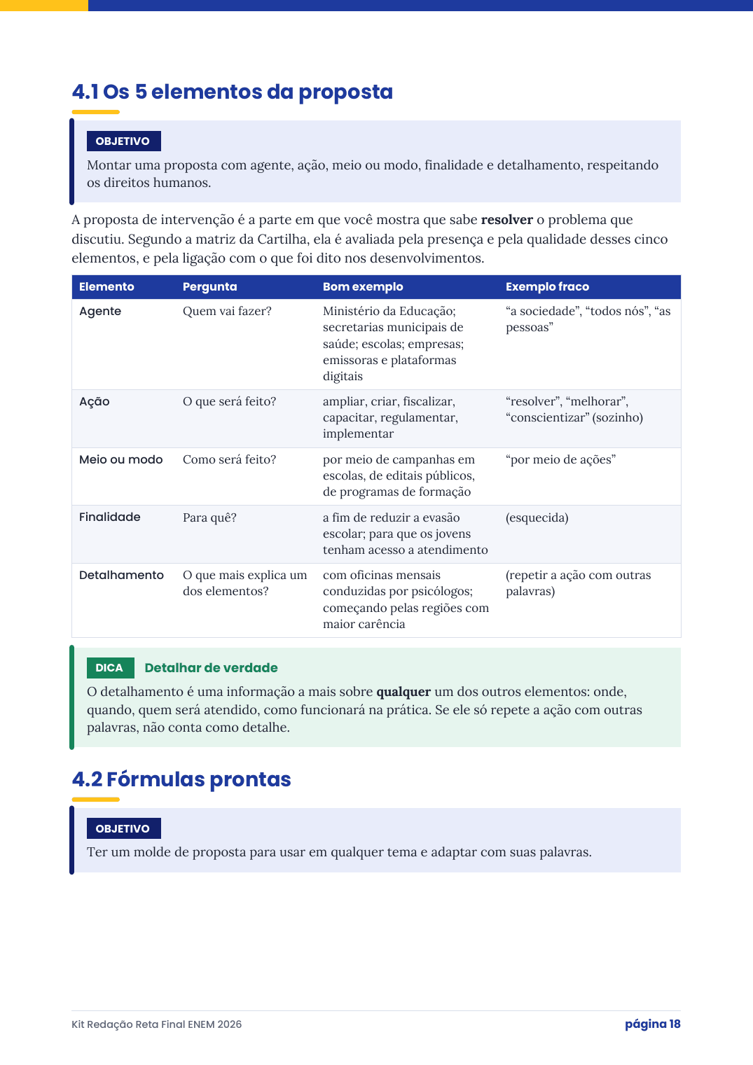 Página sobre proposta de intervenção com os 5 elementos: agente, ação, meio ou modo, finalidade e detalhamento