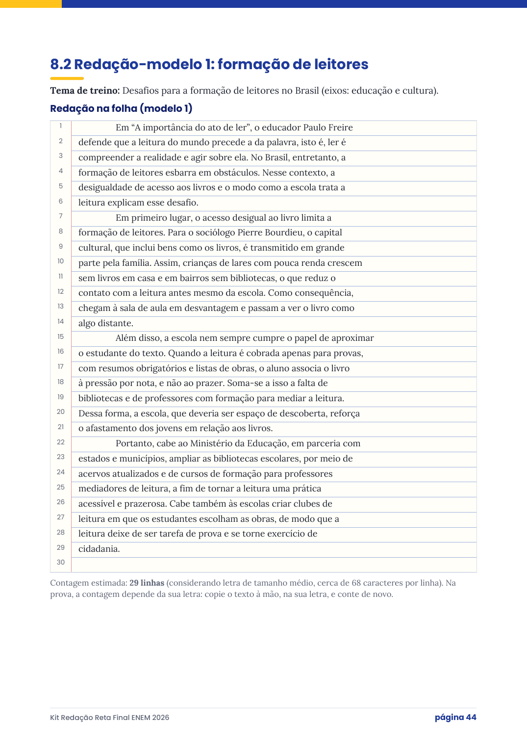 Redação-modelo original escrita em folha de 30 linhas