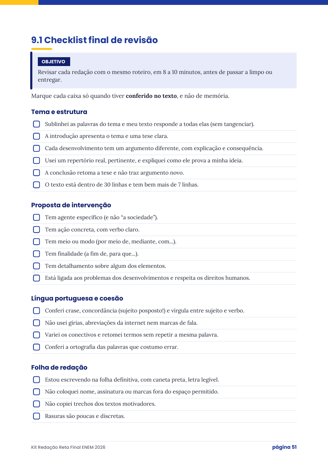Checklist final de revisão da redação com caixas de marcar